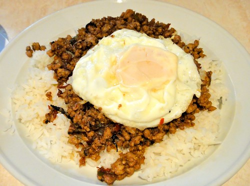 Pad Grapow on Rice with Fried Egg