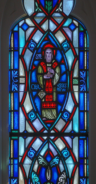 Saint Mary Roman Catholic Church, in Alton, Illinois, USA - detail of stained glass window, Saint Chrysostom