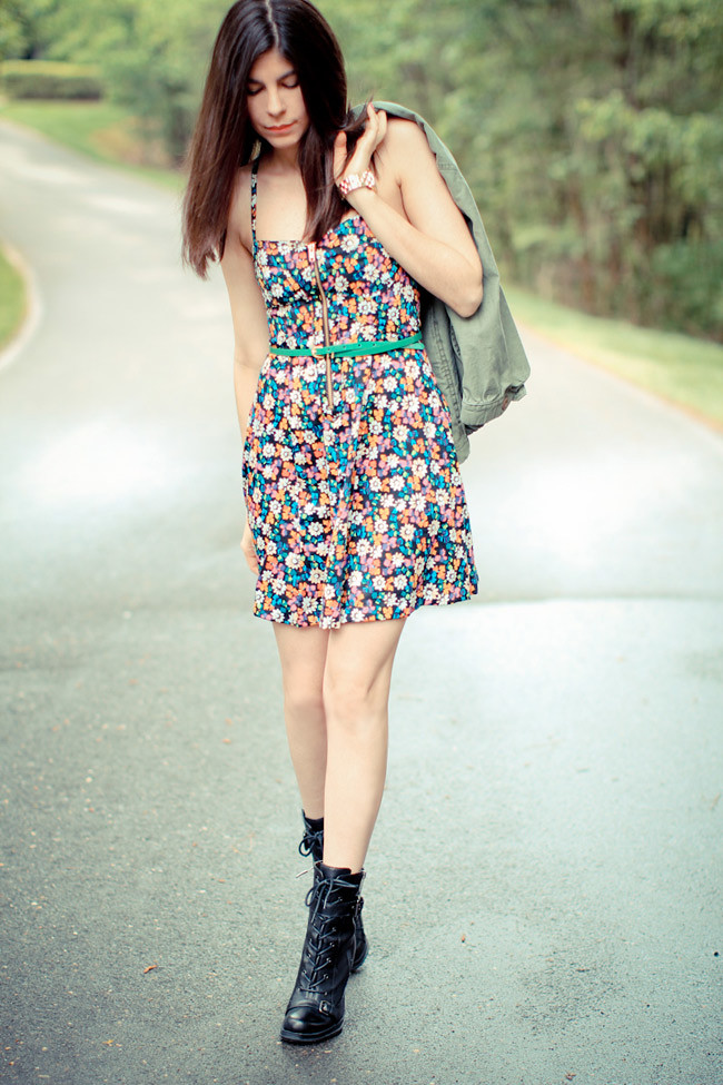 French Connection Floral Print Dress, Guess Combat boots, Marc Jacobs Gold Watch,  Utility Jacket