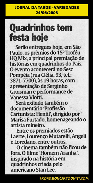 "Quadrinhos tem festa hoje" - Jornal da Tarde - 24/06/2003