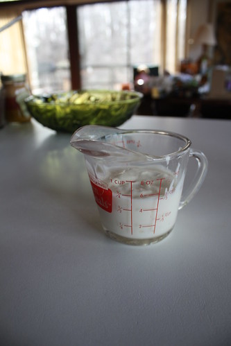 Let starter yogurt sit a room temperature while the milk cools.