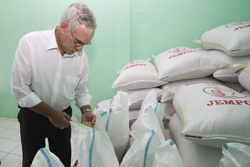Acting Under Secretary for Farm and Foreign Agricultural Services Michael Scuse takes a handful of U.S. soybeans used at a ‘tempeh/tofu village’ production site in East Jakarta on April 6.  Scuse visited the village – which uses 100 percent U.S. soybeans to produce tempeh and tofu, which are soy-based stables of the Indonesian diet – during an Agribusiness Trade and Investment Mission to Indonesia that he led last week. Photographer, Danumurthi Mahendra, U.S. Embassy, Jakarta 