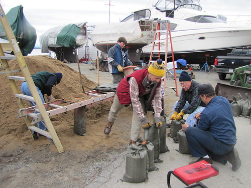 volunteers making sandbags at the Westport, Marina, April 18, 2011