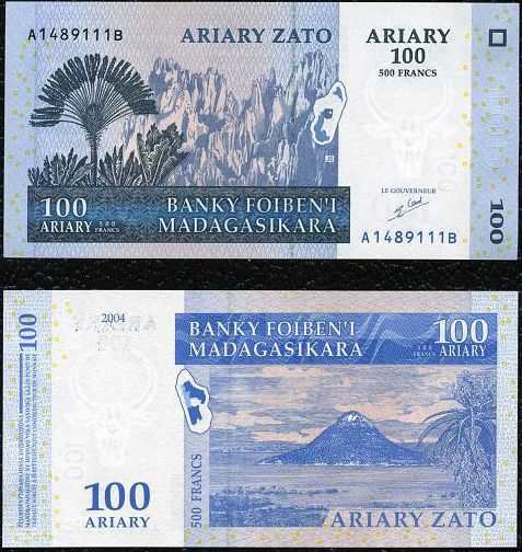 100 Ariary = 500 Frankov Madagaskar 2004, P86