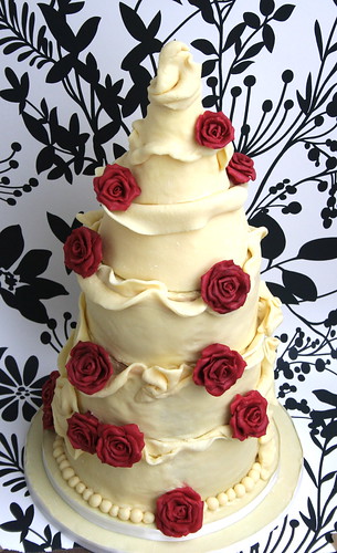 White Chocolate Burgundy Rose Wedding Cake