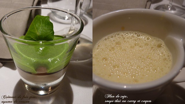 crémeux de foie gras, espuma de cresson - Flan de soja, soupe thaï au curry et coques