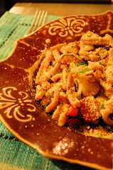 spelt pasta with roastes vegetables and breadcrumbs 