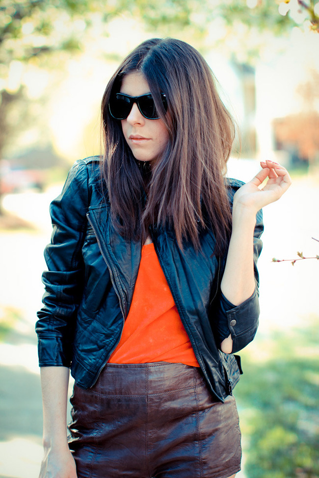 Abercrombie and Fitch Leather shorts, Bebe Leather Jacket, American Apparel Burn Out T-Shirt, Balenciaga shoes