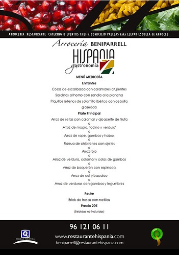 Menú 20€ Del lunes 25 al domingo 1 de Mayo en Arrocería Hispania Beniparrell by Gastronomia Hispania