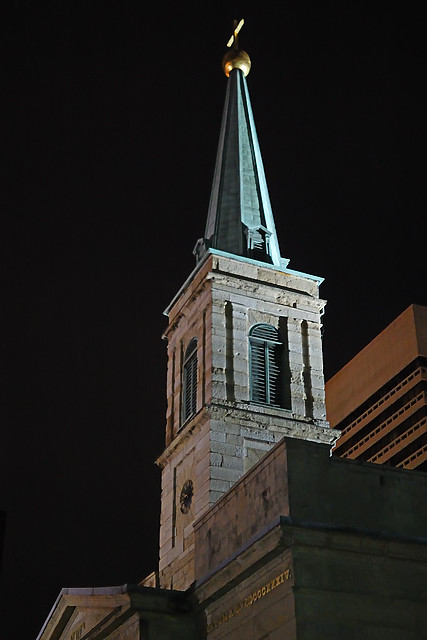 Basilica of Saint Louis, King of France (Old Cathedral) in downtown Saint Louis, Missouri, USA - tower at night