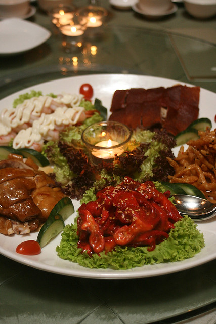 Mandarin Oriental Combination Platter - suckling pig, silver bait, baby octopus, soya chicken, prawn salad