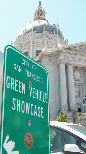 An EV charging station sign at San Francisco City Hall