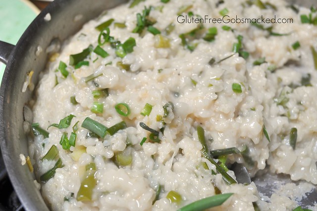 GF:  Creamy Brown Rice Risotto with Garlic Scapes and Ginger