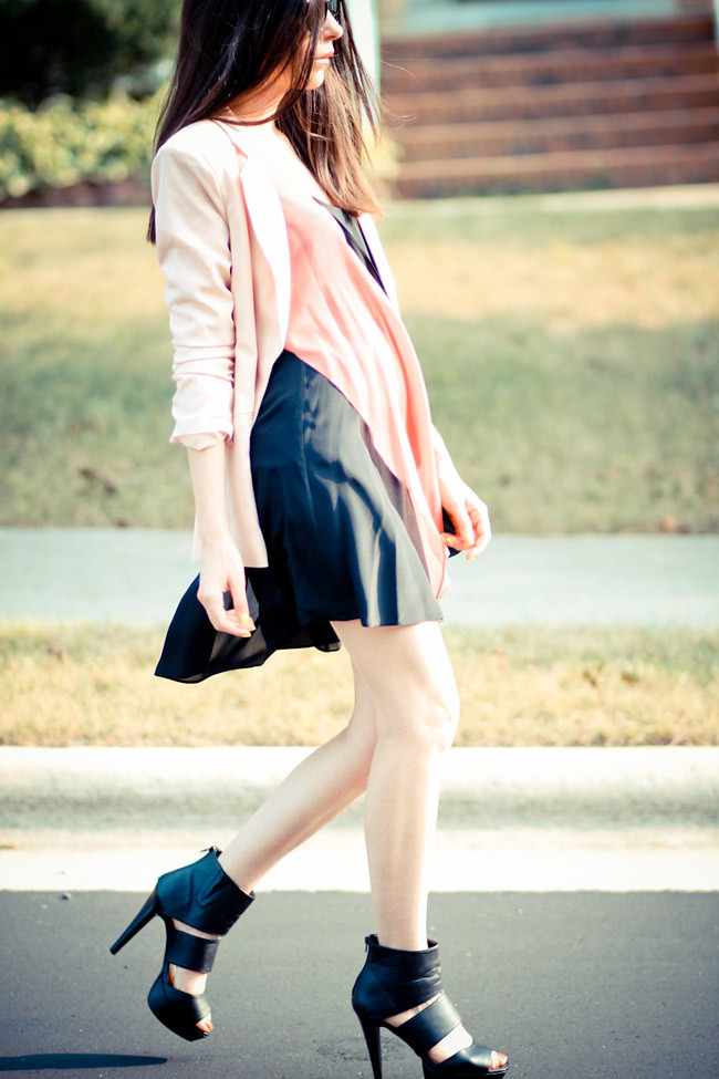 Pink Blazer, Alice Yim dress, strappy heels, Fashion outfit
