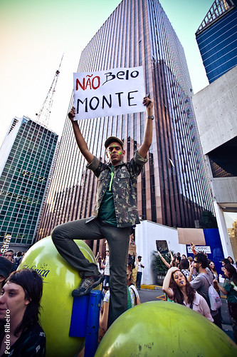 Demonstrator against Belo Monte in Sao Paulo, June 19. Photo by Pedro_dm_Ribeiro, on Flickr (CC-BY-NC 2.0).