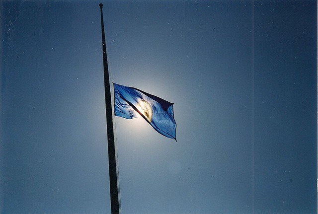 Photograph of a Minnesota state flag flying at half-mast
