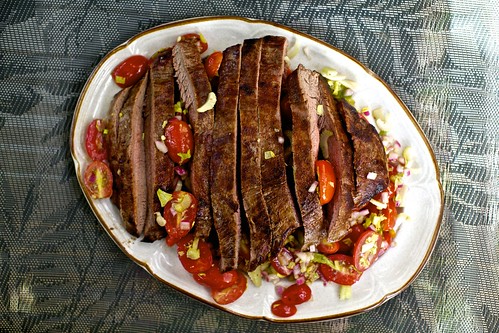 skirt steak, blood mary tomato salad