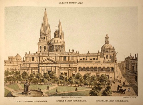 010-Catedral y jardin de Guadalajara- Album Mexicano  Coleccion de Paisajes Monumentos Costumbres..1875-1855