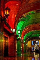 Chicago City Hall in Christmas red and green lights is like the North Pole.