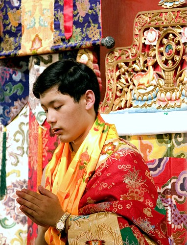 HE Avikritar Sakya, on his Dharma wheel and deer throne, orange kata and silks, Lam Dre, Tharlam Monastery, Bodhanath, Kathmandu, Nepal by Wonderlane
