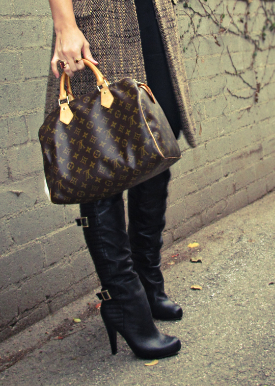 over the knee leather boots with buckles and louis vuitton speedy bag+tones