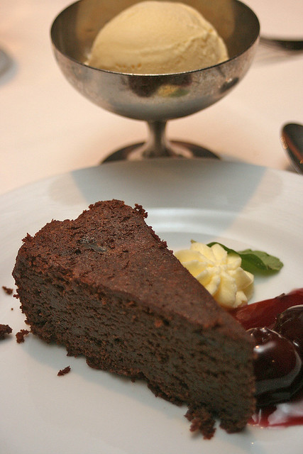 Chocolate Cherry Cake, served with a dollop of Kirsch cream and scoop of vanilla ice cream