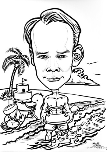 line caricature at beach for colouring