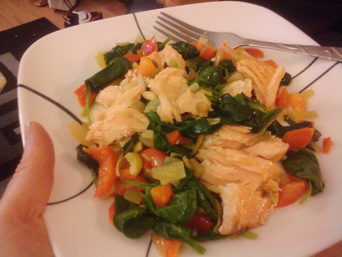 Salmon, spinach, onions, garlic and peppers
