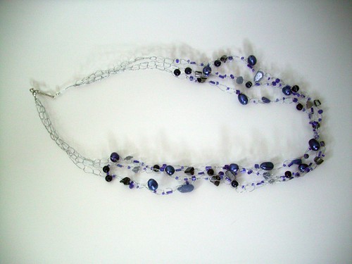 Crochet "Blues" Necklace w/Silver Wire & Clasp