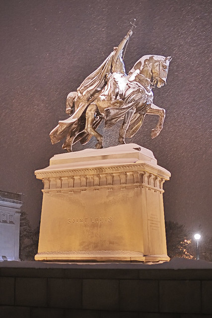 Statue of the Apotheosis of Saint Louis, at Art Hill, Forest Park, in Saint Louis, Missouri, USA - view at night with snow