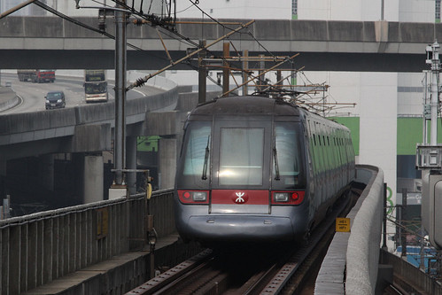 Tung Chung bound train departs Lai King station on the viaduct