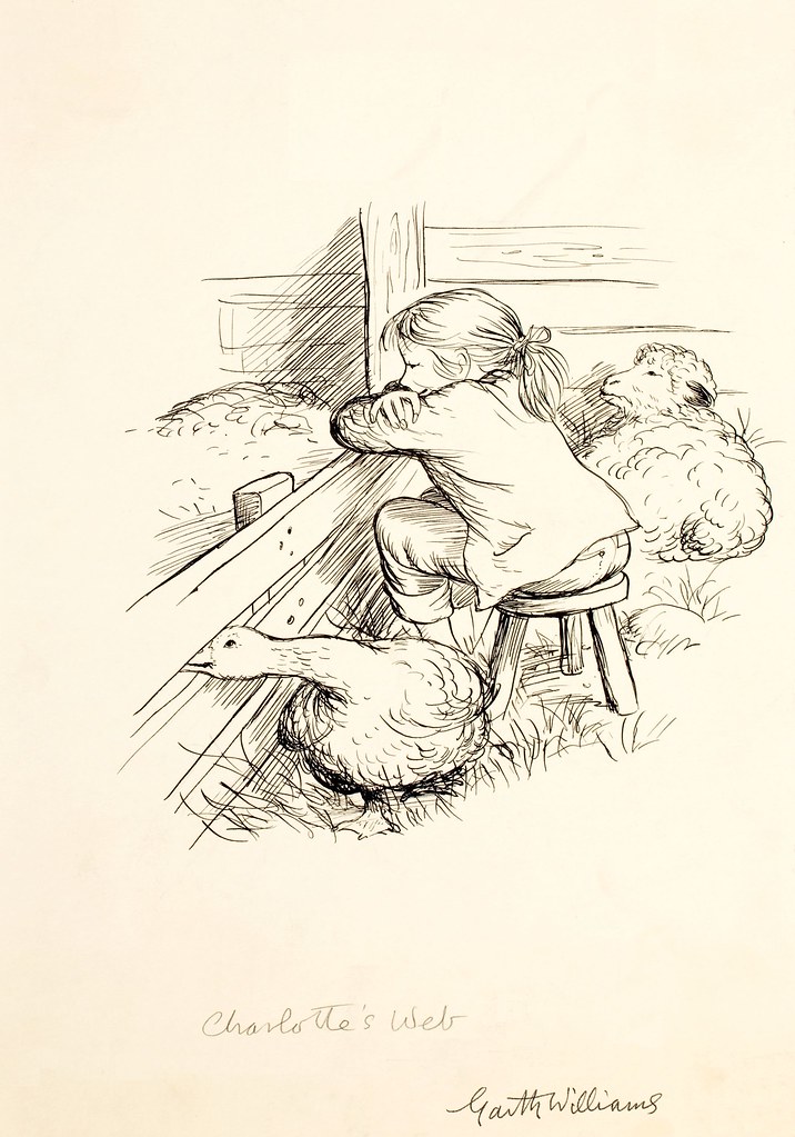 drawing of girl goose + pig by garth williams