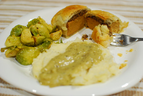 Seitan Wellington, Mashed Potatoes with Gravy, and Brussels Sprouts