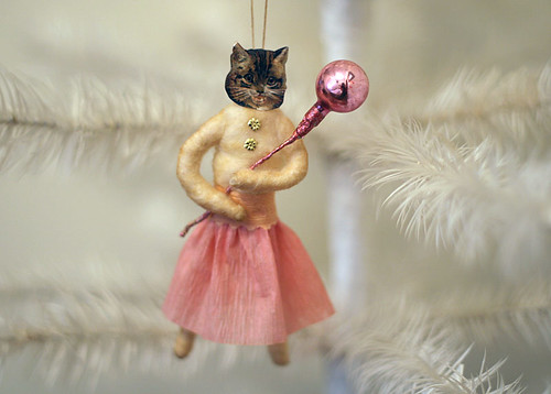 Spun Cotton Cat Ornament Dressed in Pink