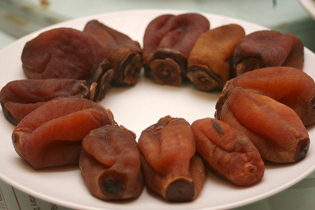 A surprise treat of Korean dried persimmons - these are elongated rather than flattened