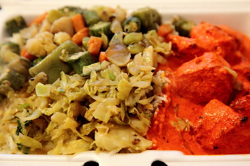 Cabbage, mixed vegetables, and chicken tikka masala at Bombay Deli Pizza & Tandoori Restaurant, West 36th Street, New York