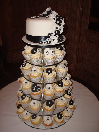 Black white wedding cupcake tower