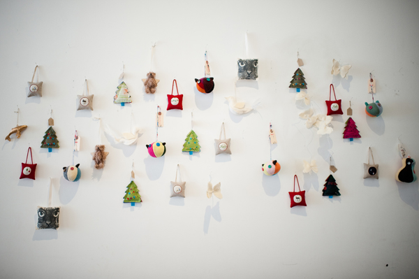 a wall of ornaments