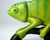 Chameleon Wood Carving Painted Reptile Sculpture