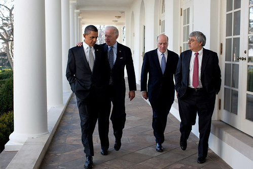 President Barack Obama, Vice President Joe Biden, Bill Daley, and interim Chief of Staff Pete Rouse walk along the Colonnade of the White House prior to President Obama's announcement of Daley as his new Chief of Staff, Jan. 6, 2011. (Official White House Photo by Pete Souza)  