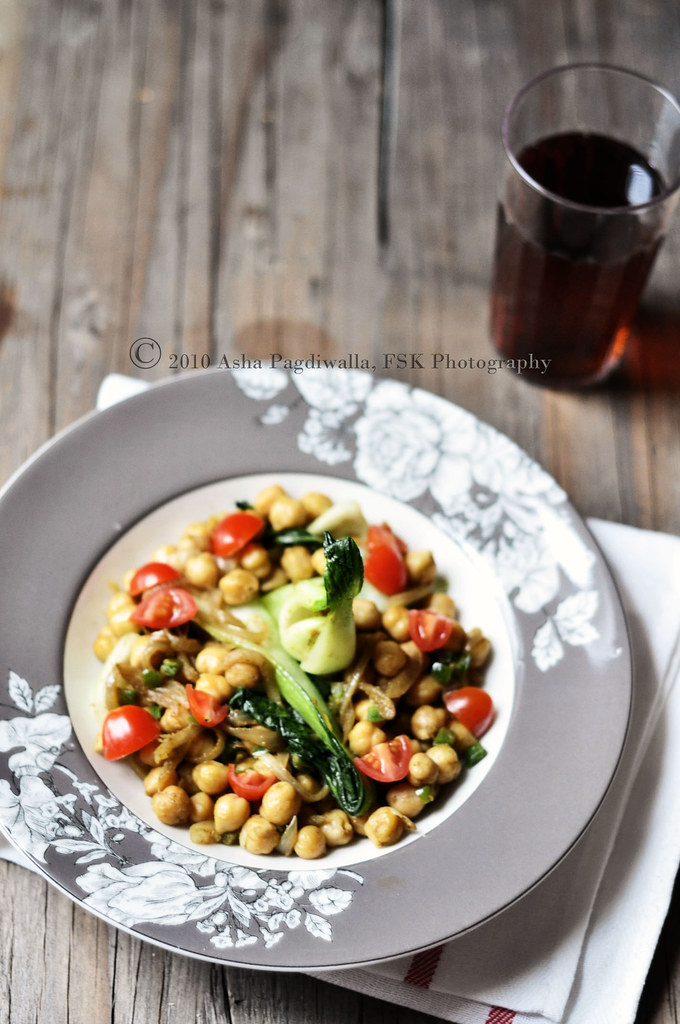 Cumin and Curry Spiced Garbanzo salad with Bok choy top view