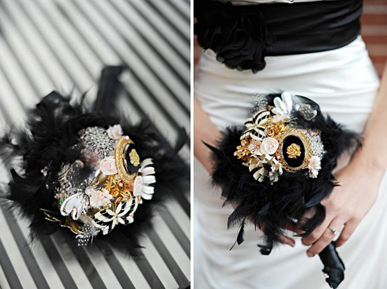 Black White and Gold Button Bouquet via Green Wedding Shoes