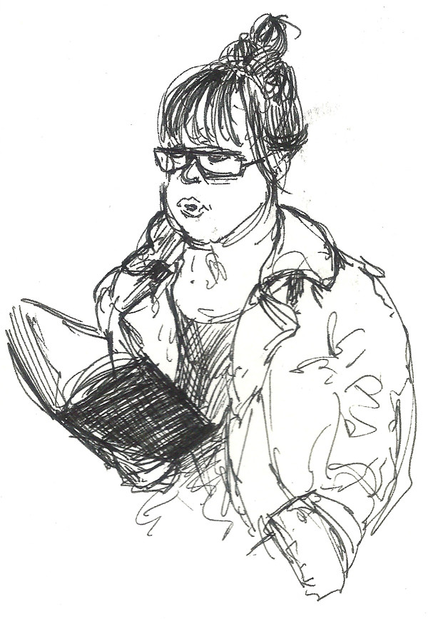 Drawing of a girl reading a book on a train