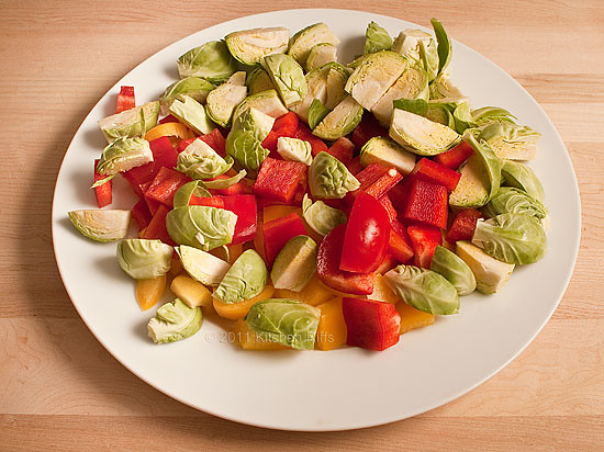Cut up Red and Yellow Bell Peppers and Brussels Sprouts