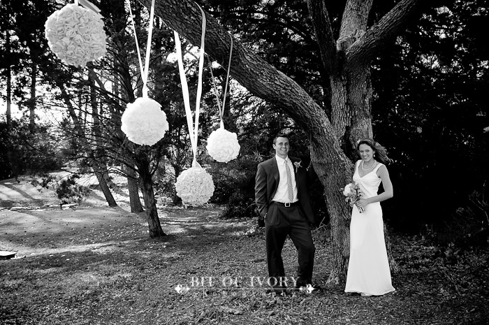 yellow and gray bride and groom rossette balls