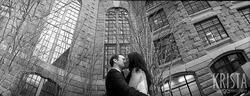 Boston Winter Wedding in black & white film - panoramic at the Liberty Hotel