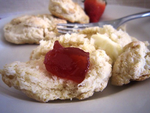 Strawberry jam on biscuits