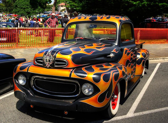cars ford flames pickup 1950s 1960s autos hdr classiccars carshow hotrods customs queenscliff pinstriped flamed kustomkulture leadsleds worldcars geelongstreetroddersclub queenscliffrodrun2011