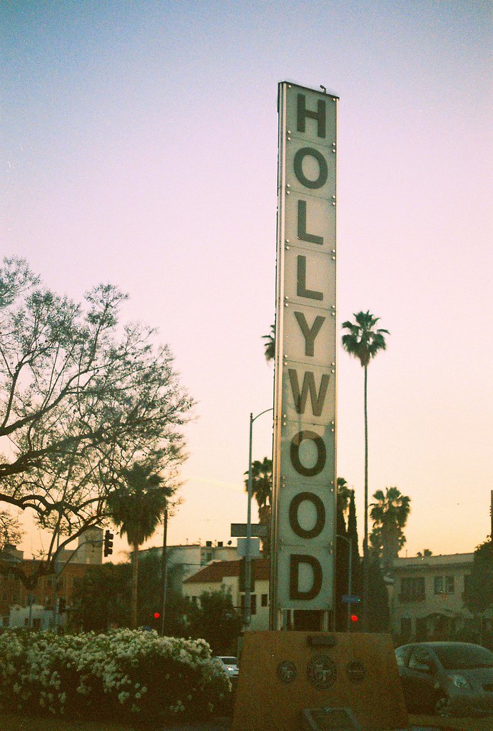 A Hollywood sign at sunset in Los Angeles. Colorful street photography on Canon 35mm film camera.