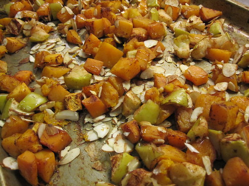 Roasted apples, squash, and almonds in the pan